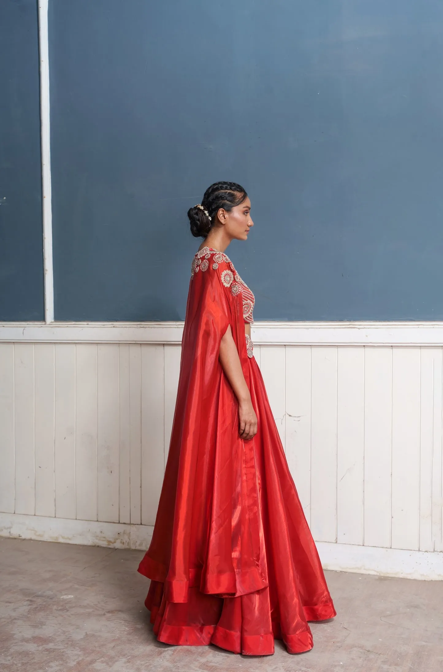 Sirius-Nakshatra Red Hand Embroidered Lehengas With Over Coat