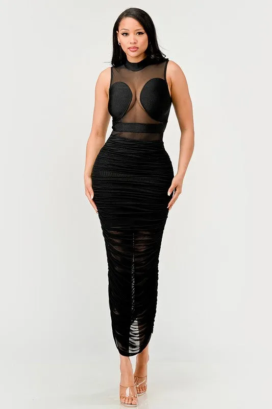 Sleek Black Sheer Illusion Midi Dress