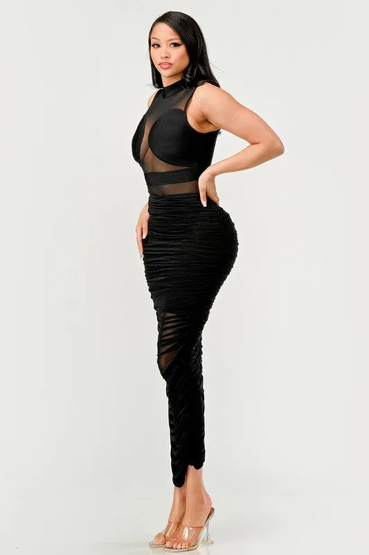 Sleek Black Sheer Illusion Midi Dress