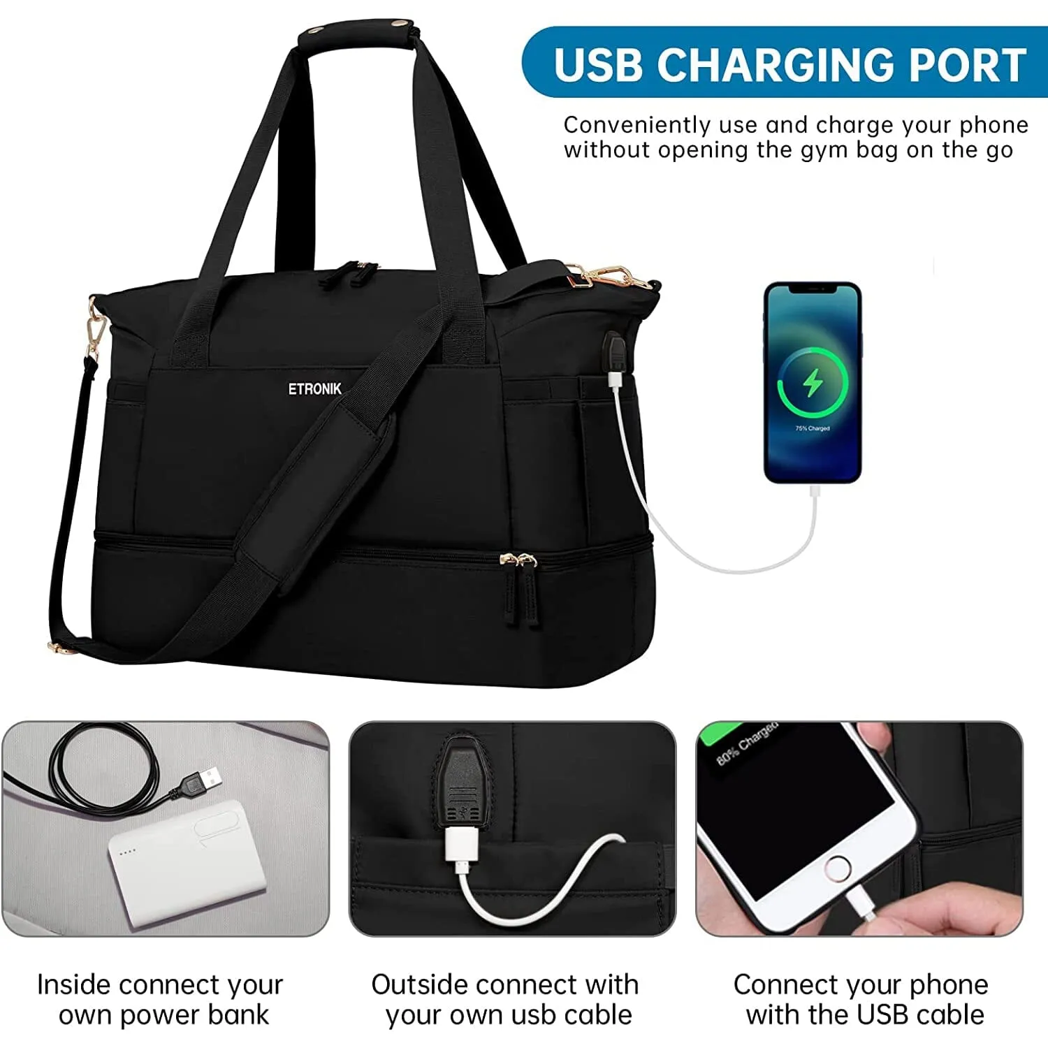 Sports Travel Duffel Bag with USB Charging Port