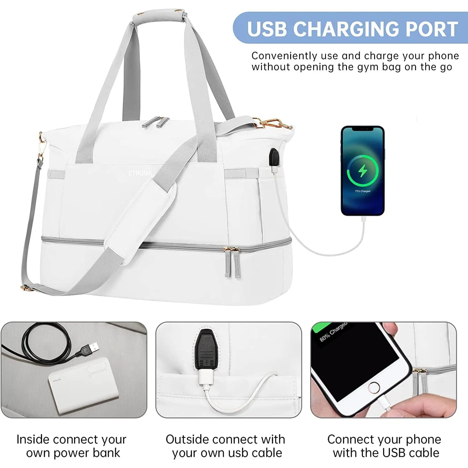 Sports Travel Duffel Bag with USB Charging Port