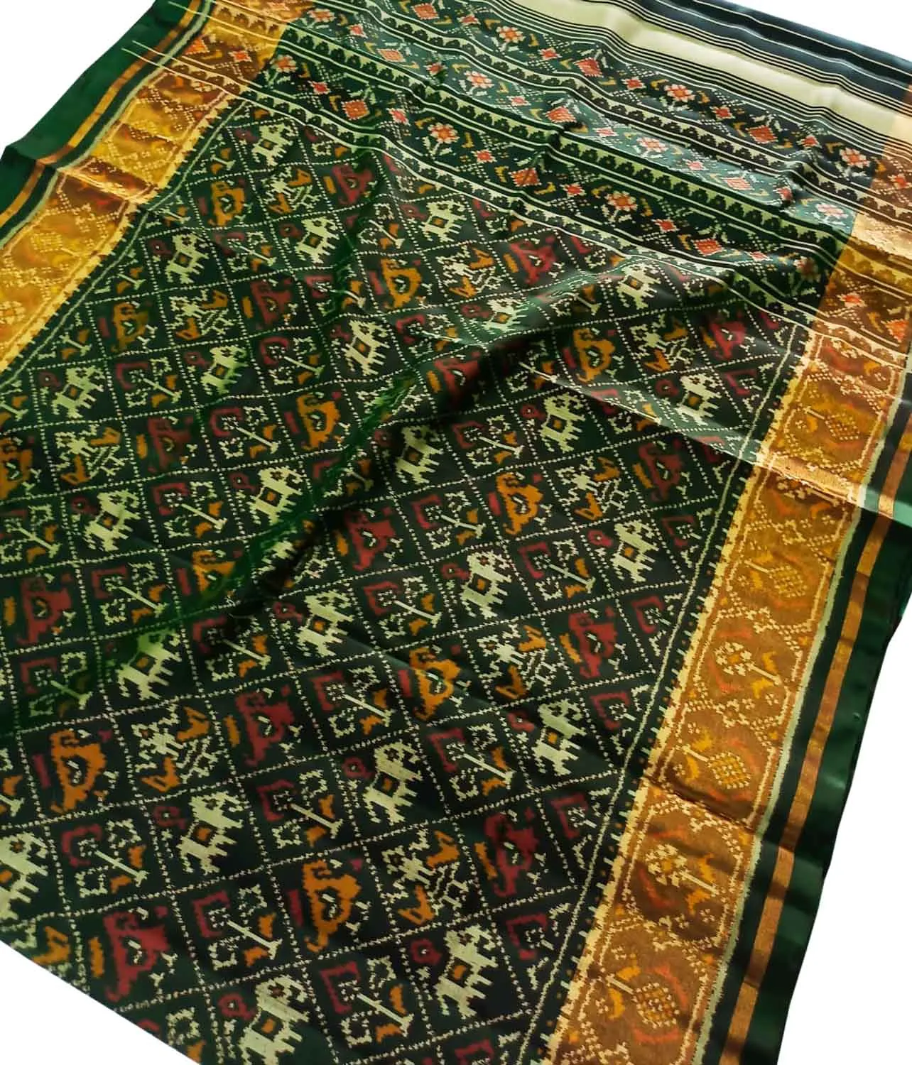 Stunning Green Handloom Patola Silk Saree - Single Ikat Design