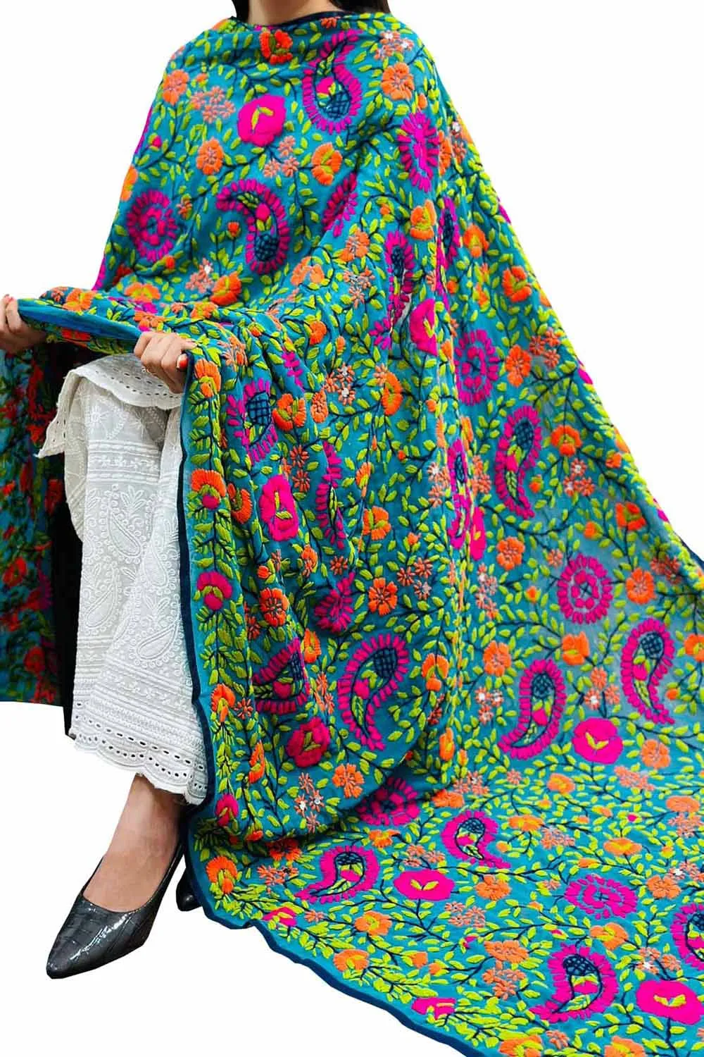 Stunning Green Phulkari Georgette Dupatta with Hand Embroidery