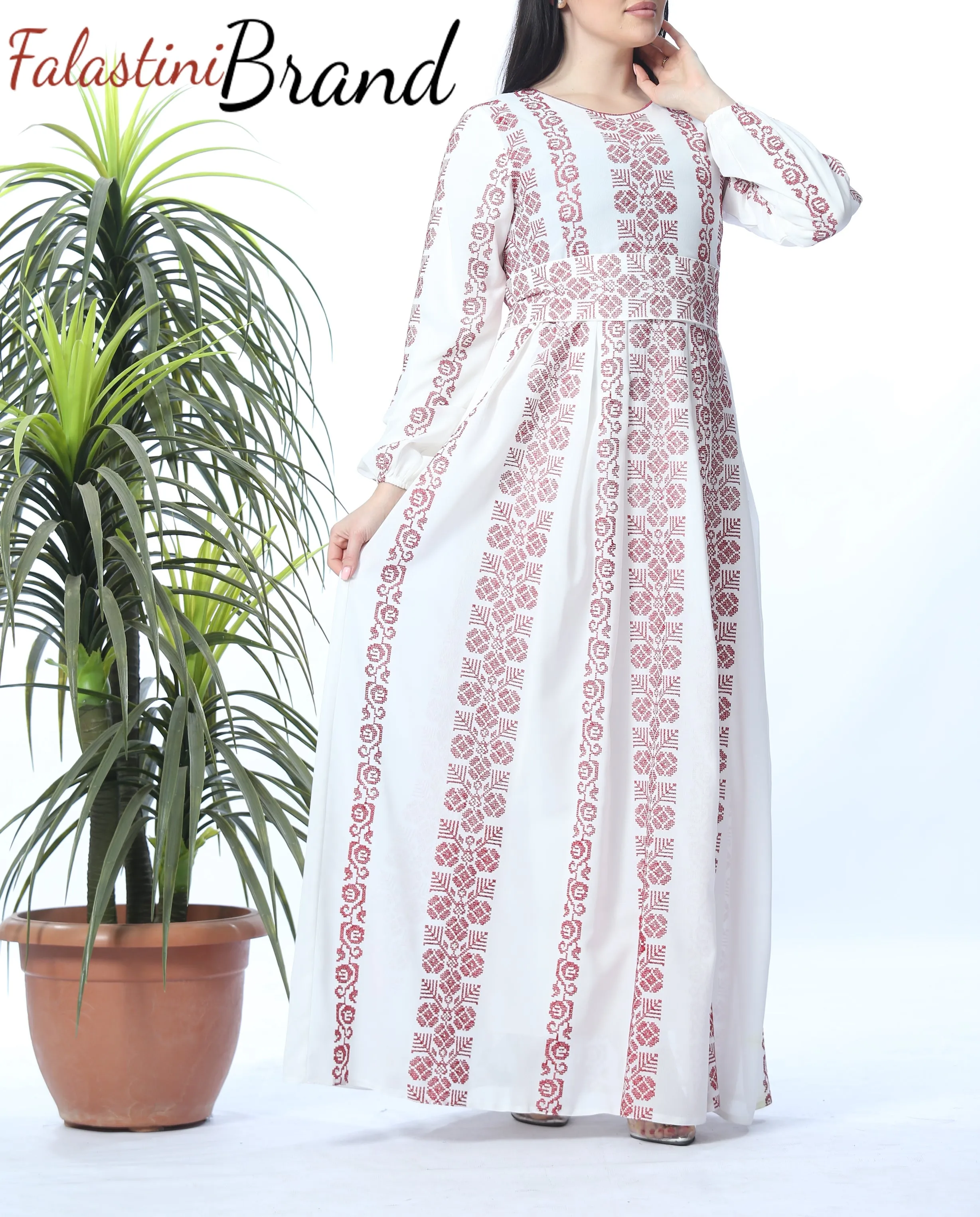 Stunning Multi Lines White And Red Palestinian Embroidered Thobe Dress Palestinian Design And Embroidery