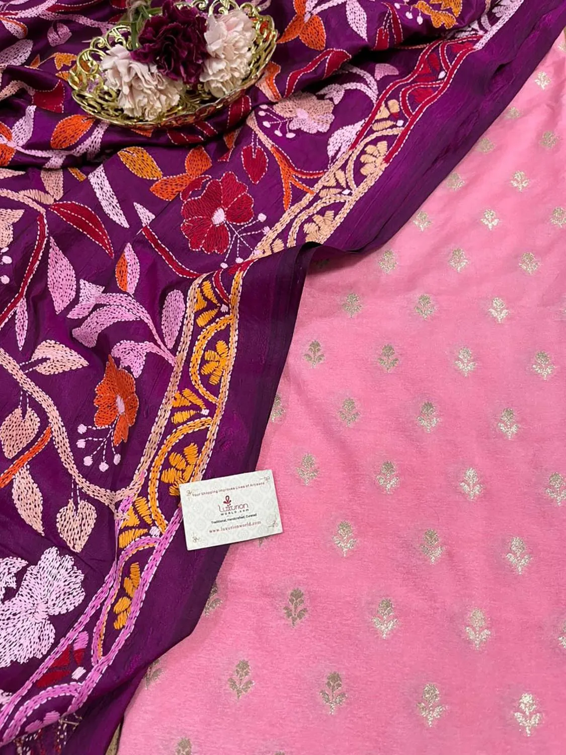 Stunning Pink Banarasi Dupion Silk Suit With Purple Hand Embroidered Kantha Banglore Silk Dupatta