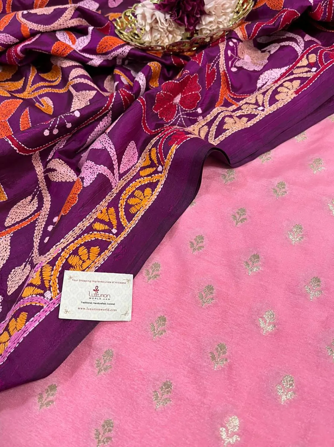 Stunning Pink Banarasi Dupion Silk Suit With Purple Hand Embroidered Kantha Banglore Silk Dupatta