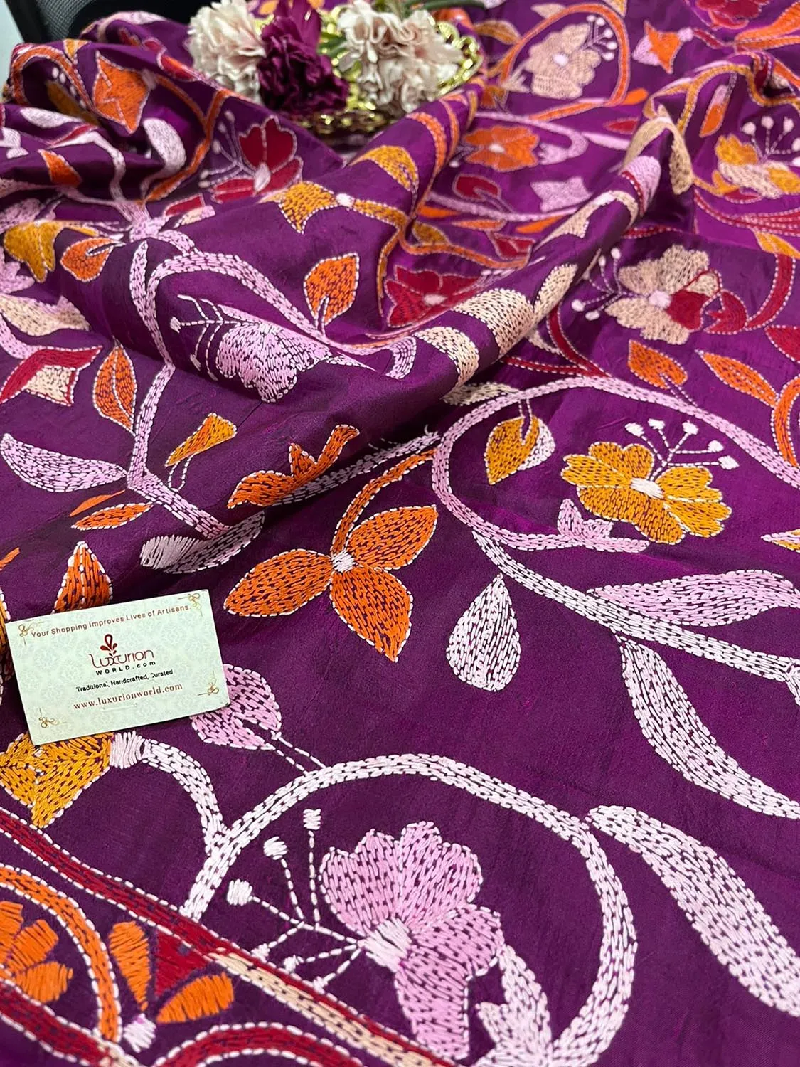 Stunning Pink Banarasi Dupion Silk Suit With Purple Hand Embroidered Kantha Banglore Silk Dupatta