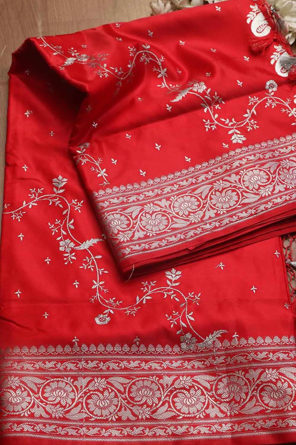 Stunning Red Banarasi Embroidered Satin Silk Saree