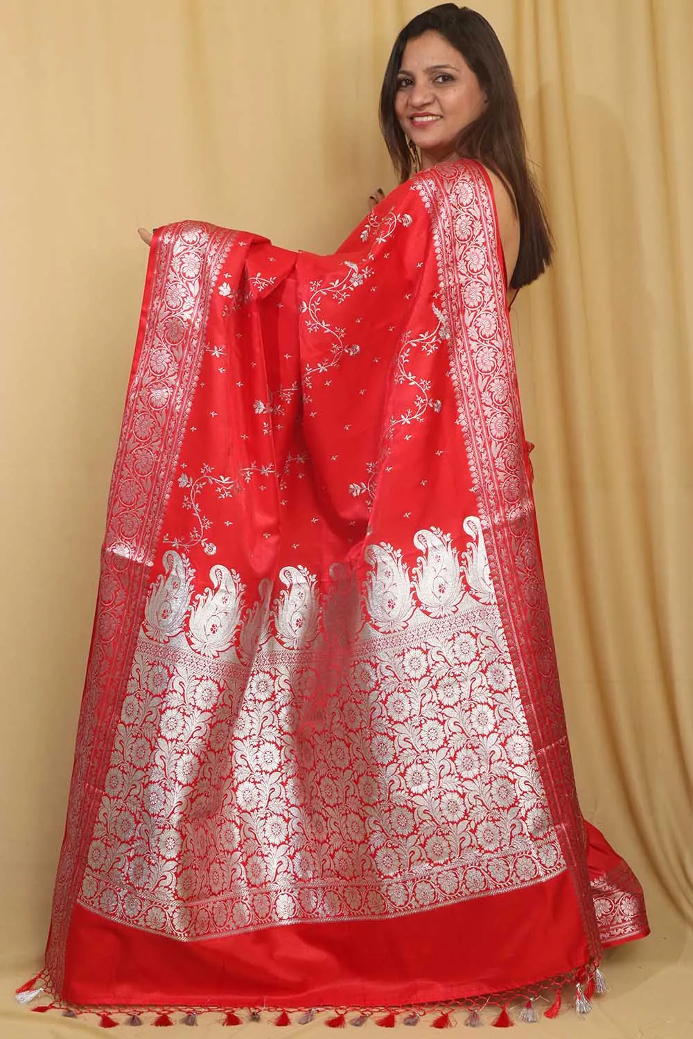 Stunning Red Banarasi Embroidered Satin Silk Saree