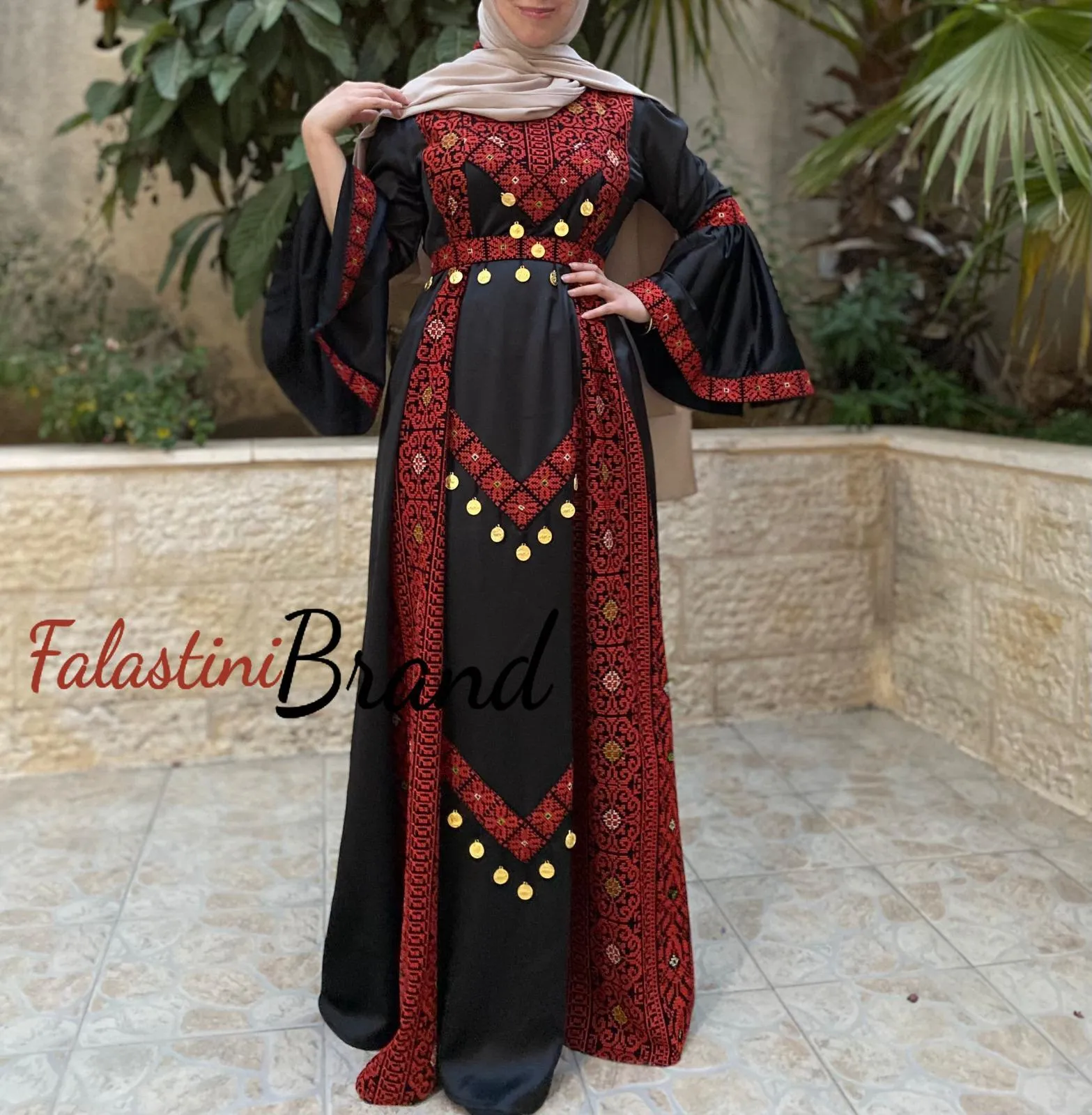 Stunning Satin Black and Red Palestinian Embroidered Extra Cloche Dress With Coins