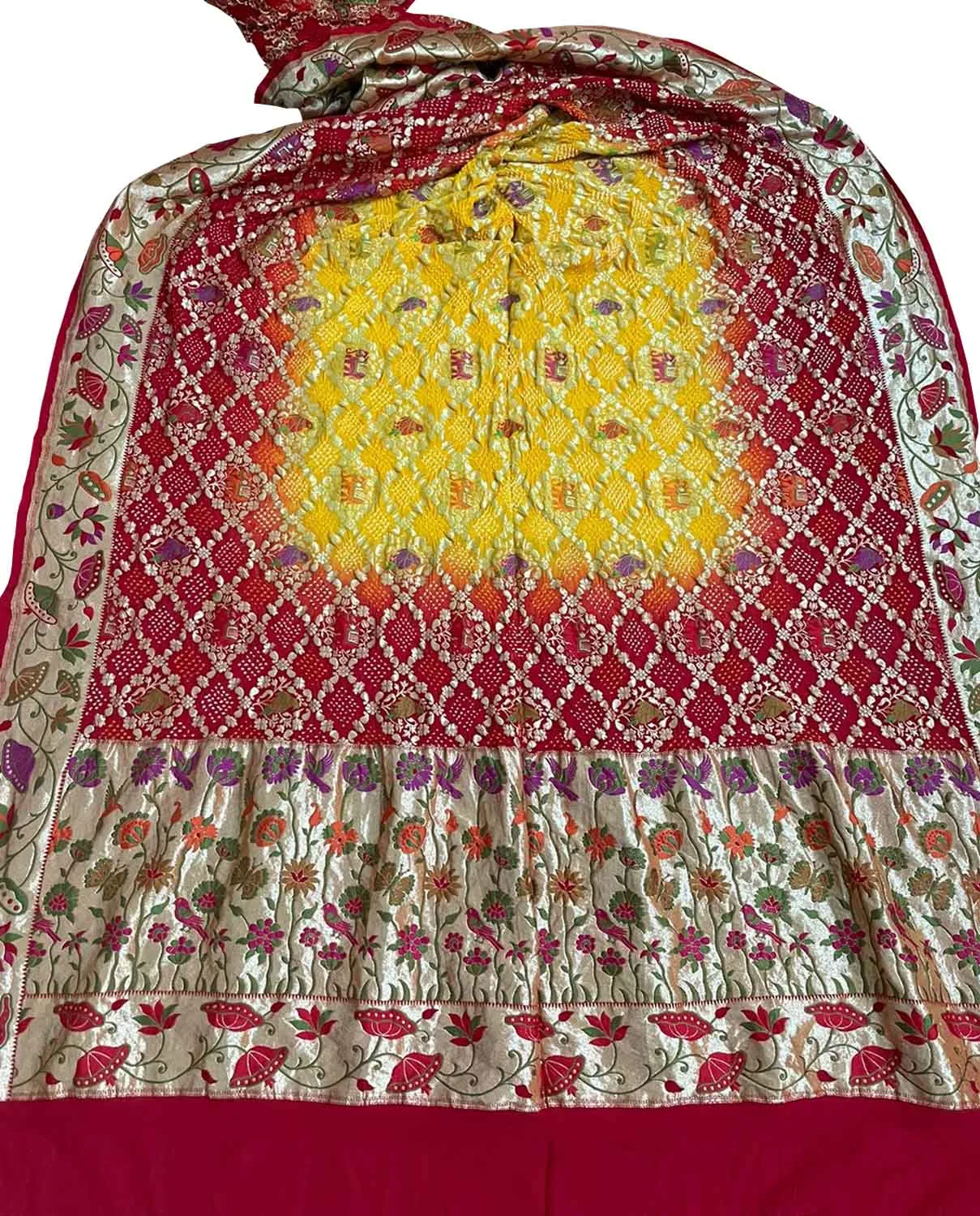 Stunning Yellow & Red Banarasi Bandhani Georgette Dupatta with Meenakari Work