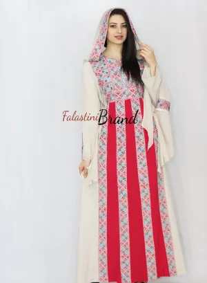 Stylish Cream Color Red Stripes Palestinian Embroidered Dress Thobe