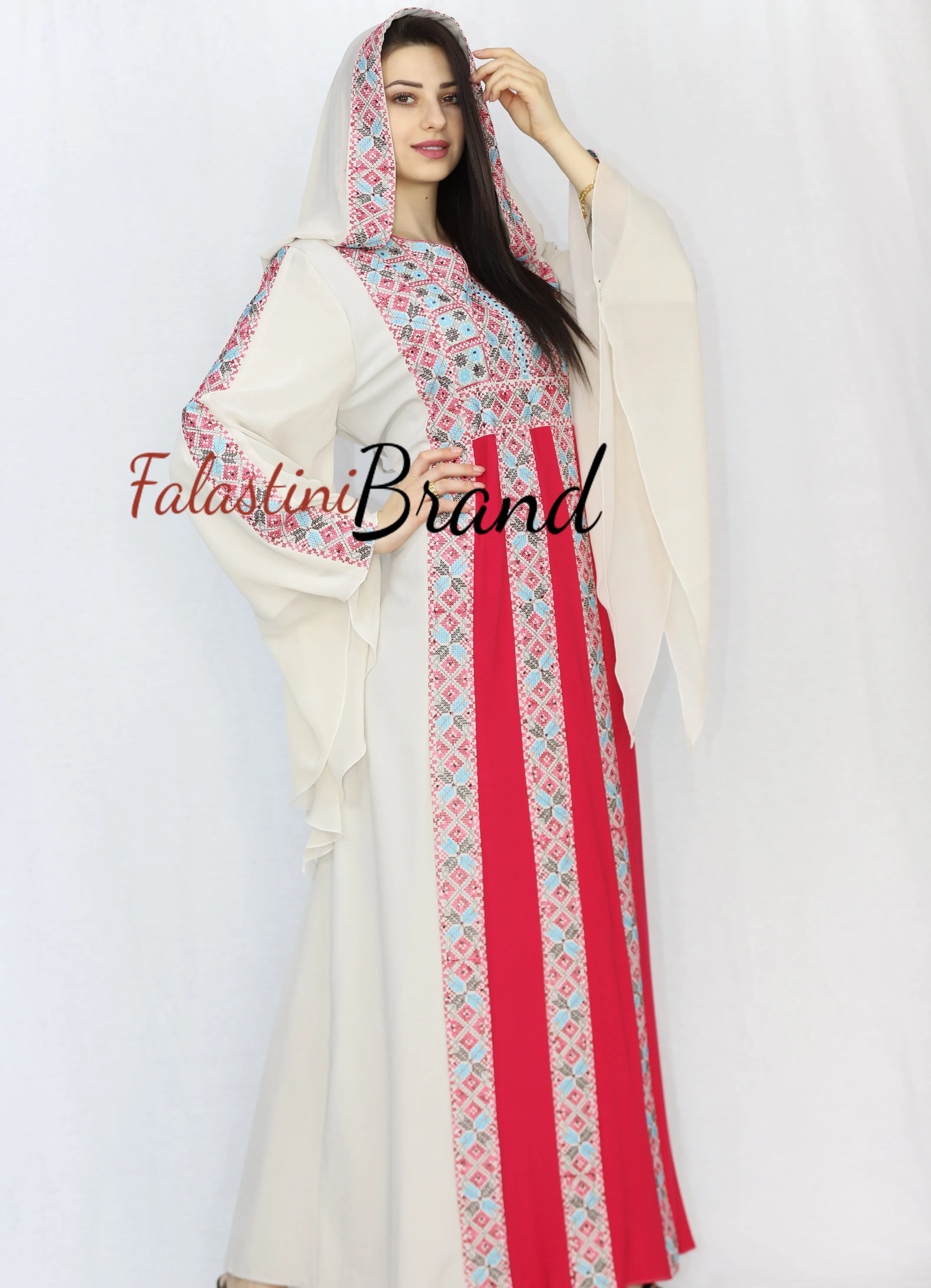 Stylish Cream Color Red Stripes Palestinian Embroidered Dress Thobe