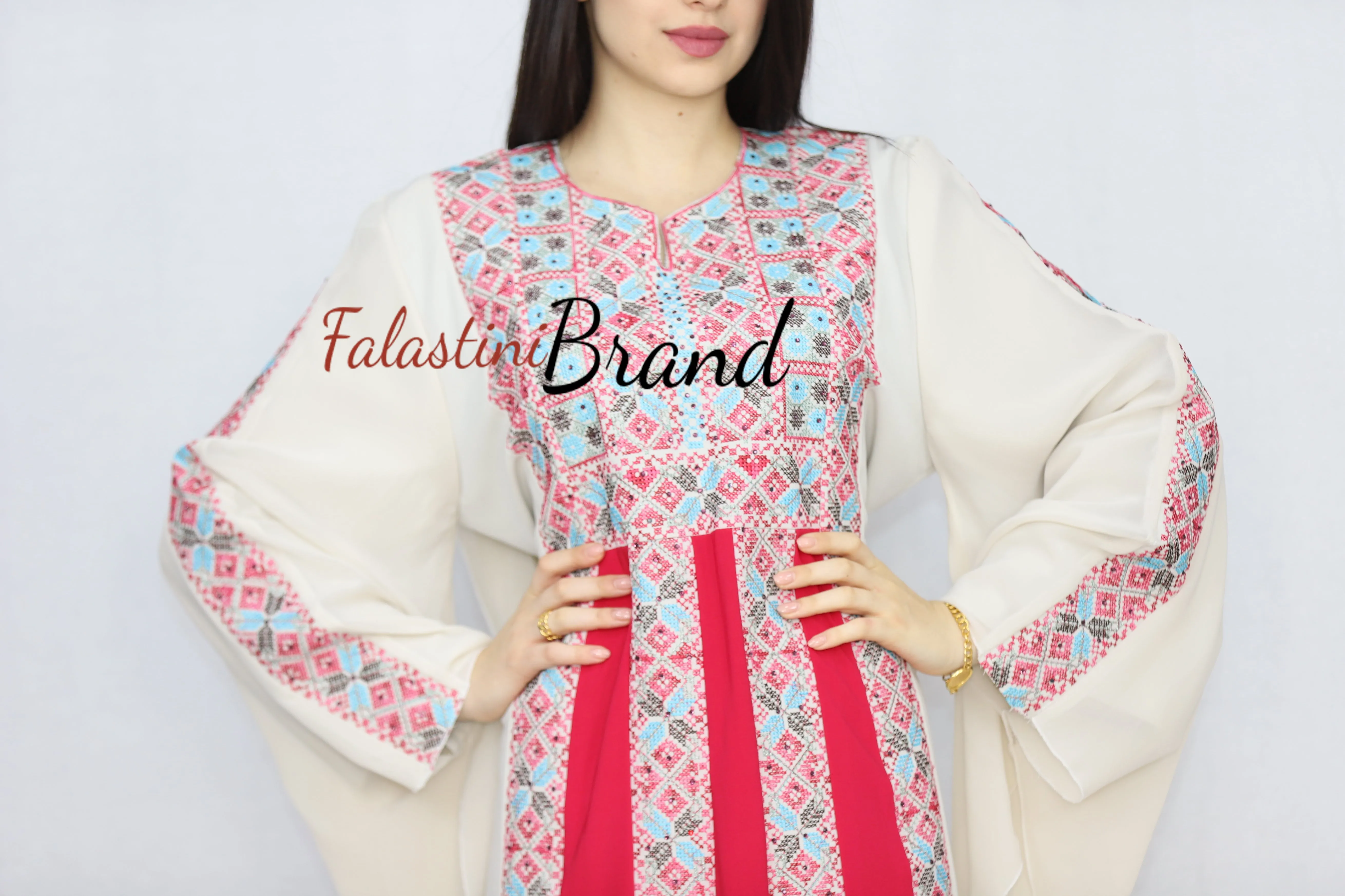 Stylish Cream Color Red Stripes Palestinian Embroidered Dress Thobe