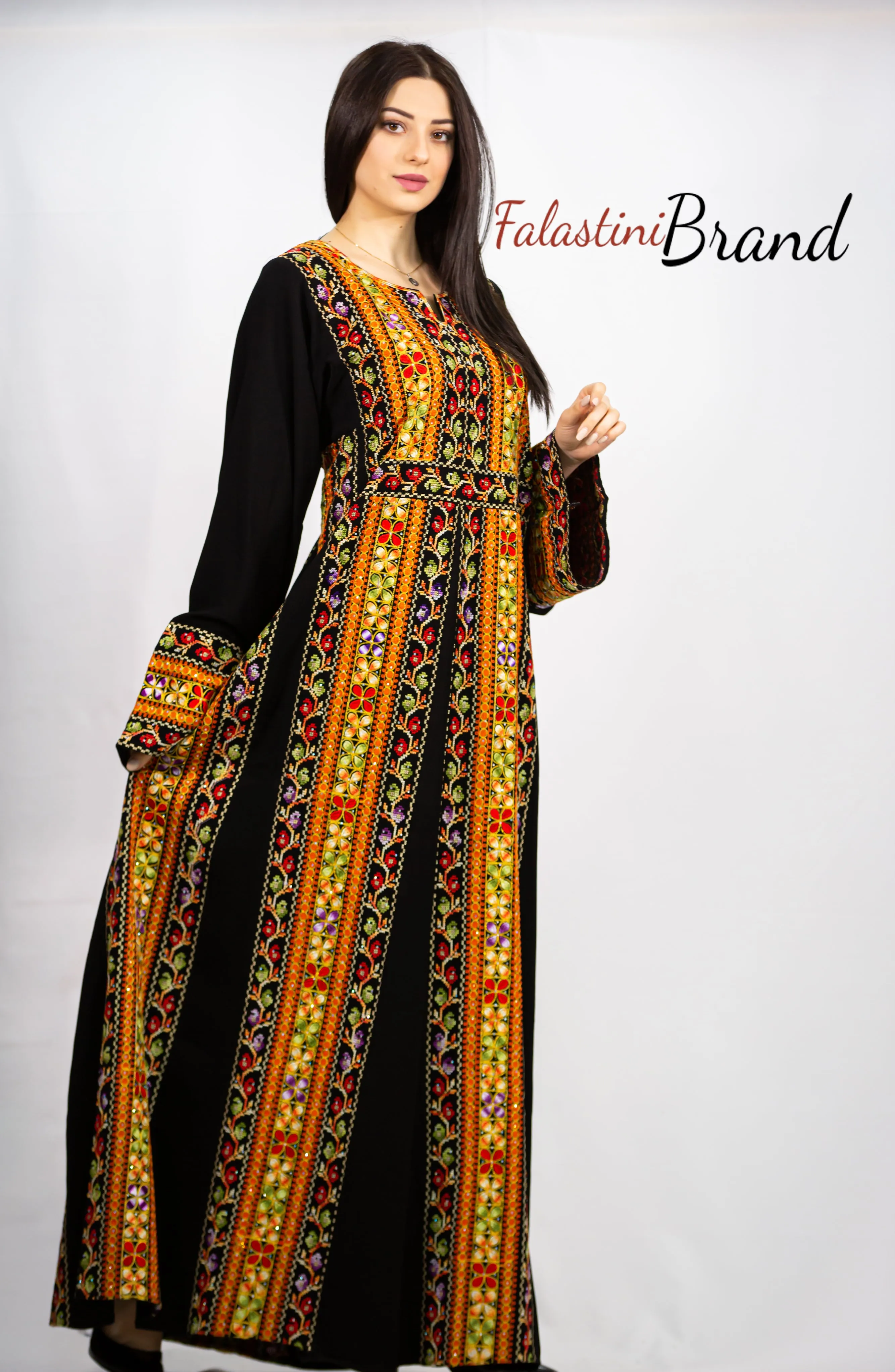 Stylish Fire Color Palestinian Embroidered Abaya Thobe Dress