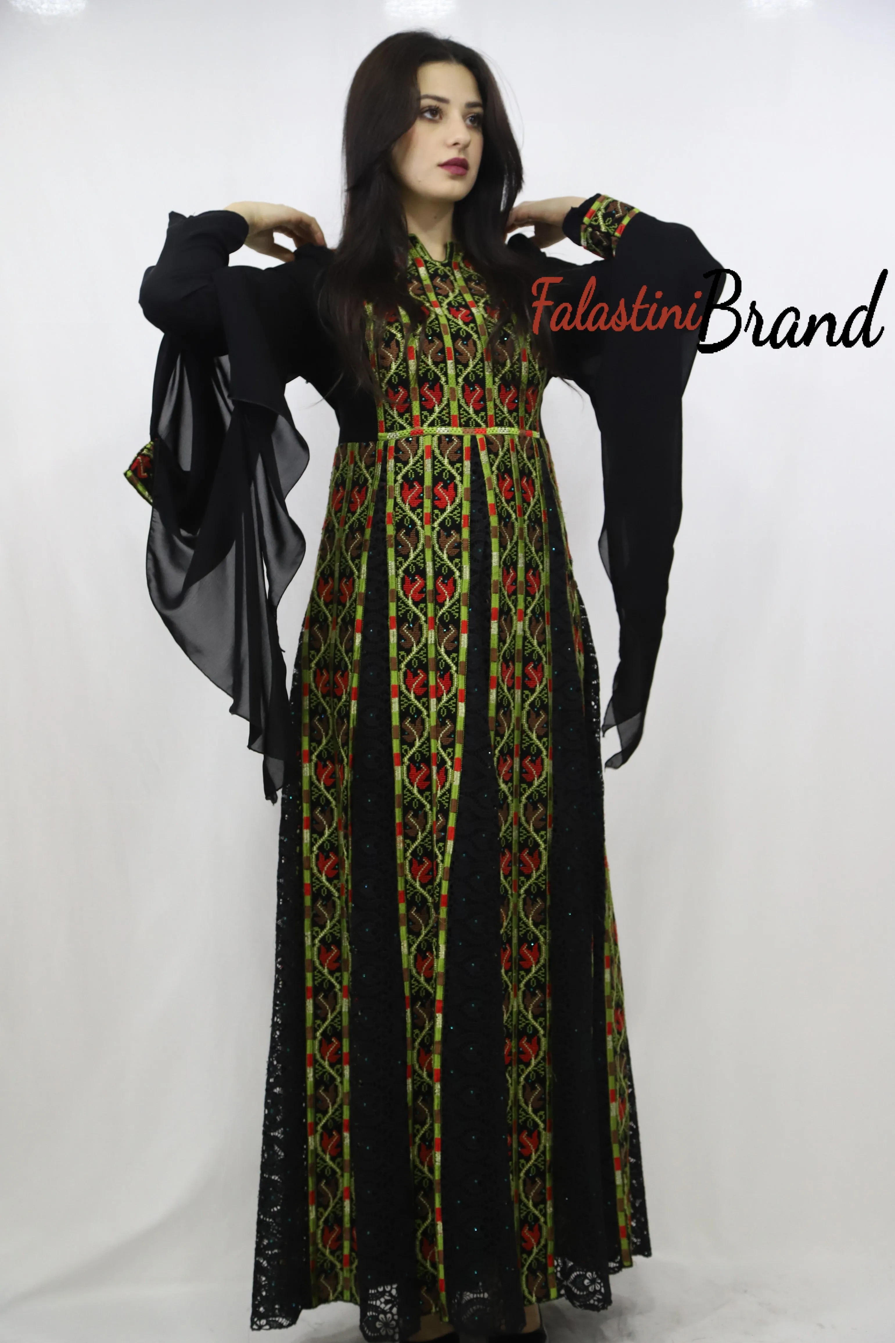 Stylish Layered Dark Green and Red Embroidered Tobe Dress With Lace Details