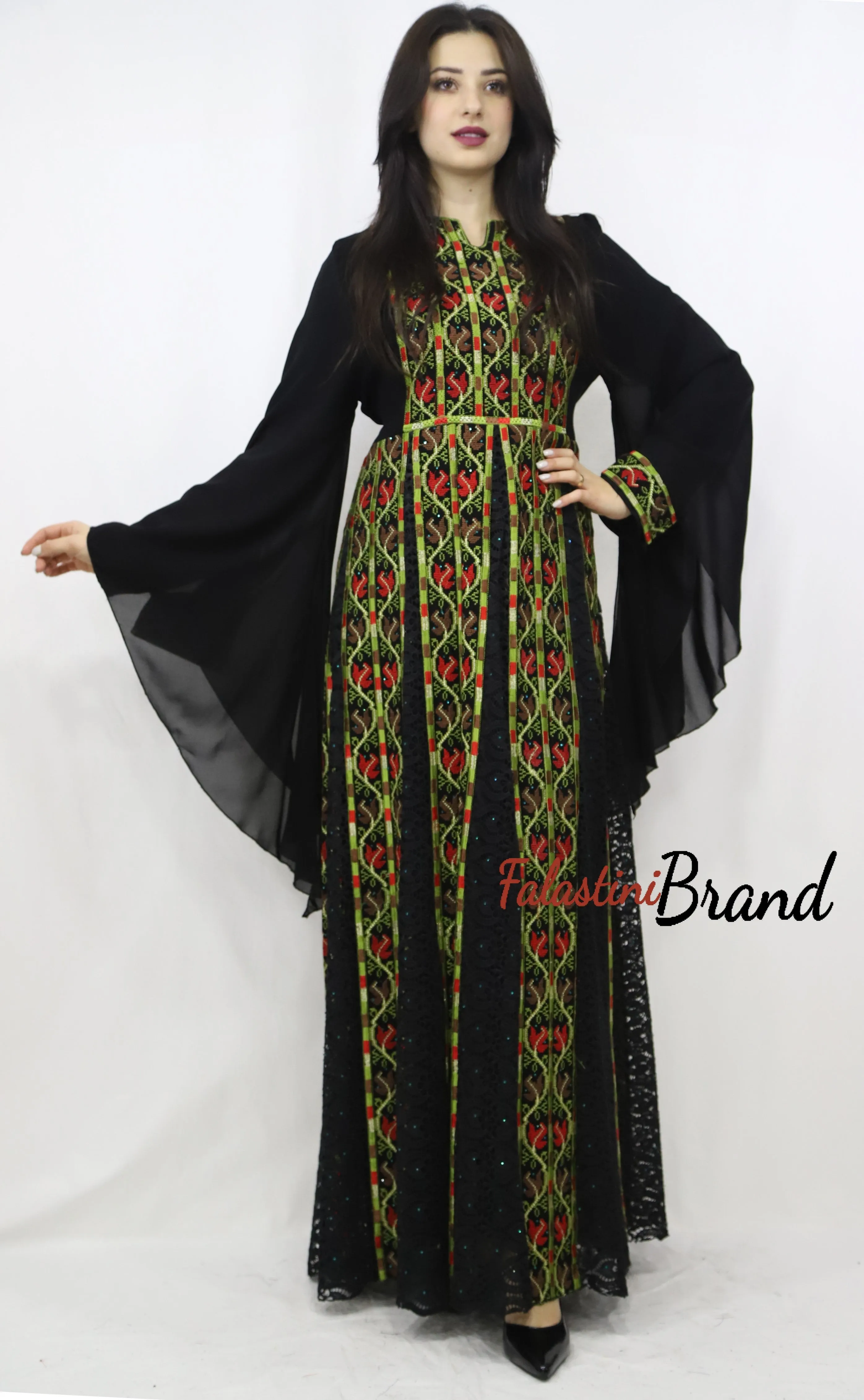 Stylish Layered Dark Green and Red Embroidered Tobe Dress With Lace Details