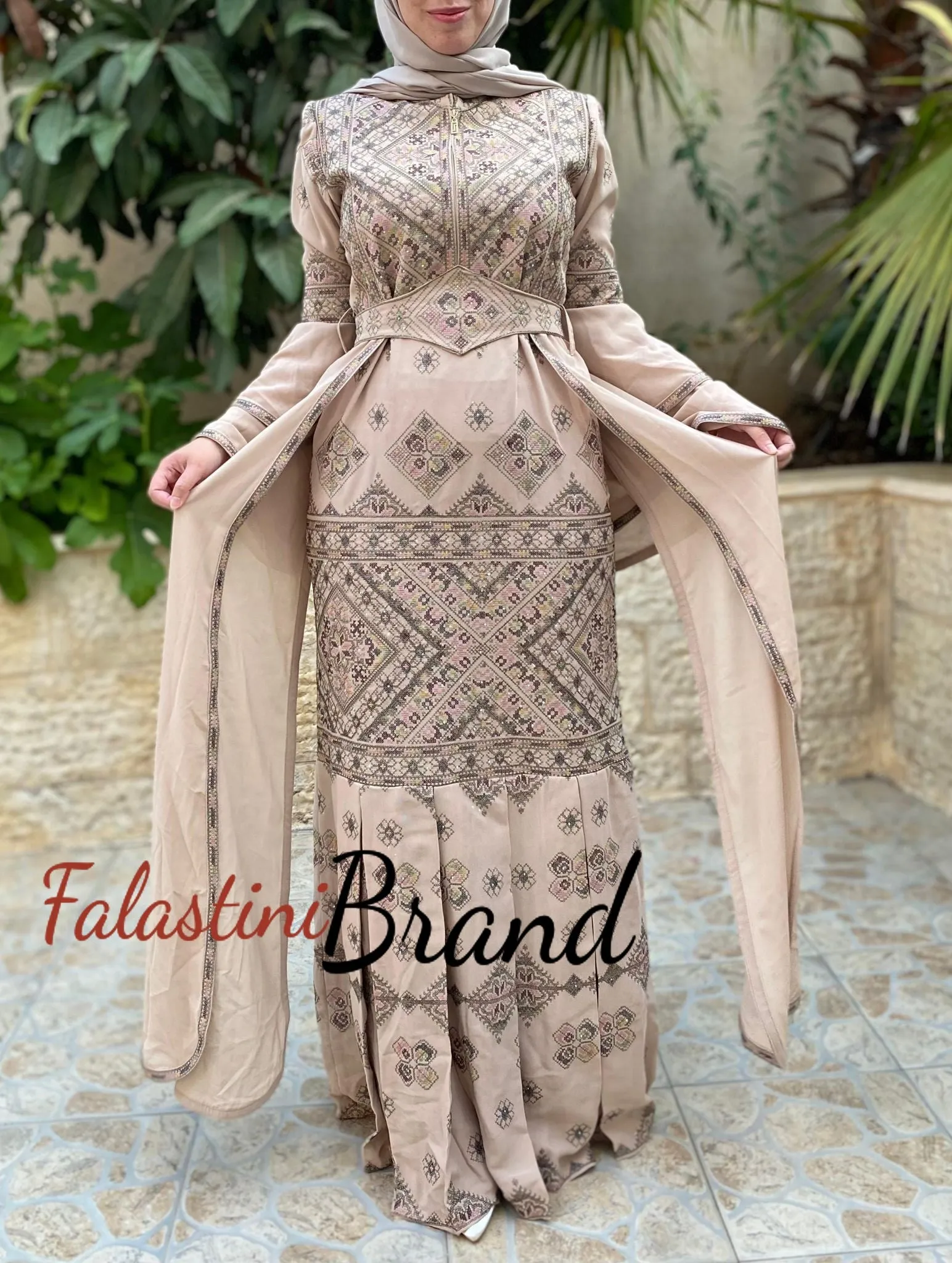 Stylish Mermaid Beige Palestinian Embroidered Dress with Skirt Side Details