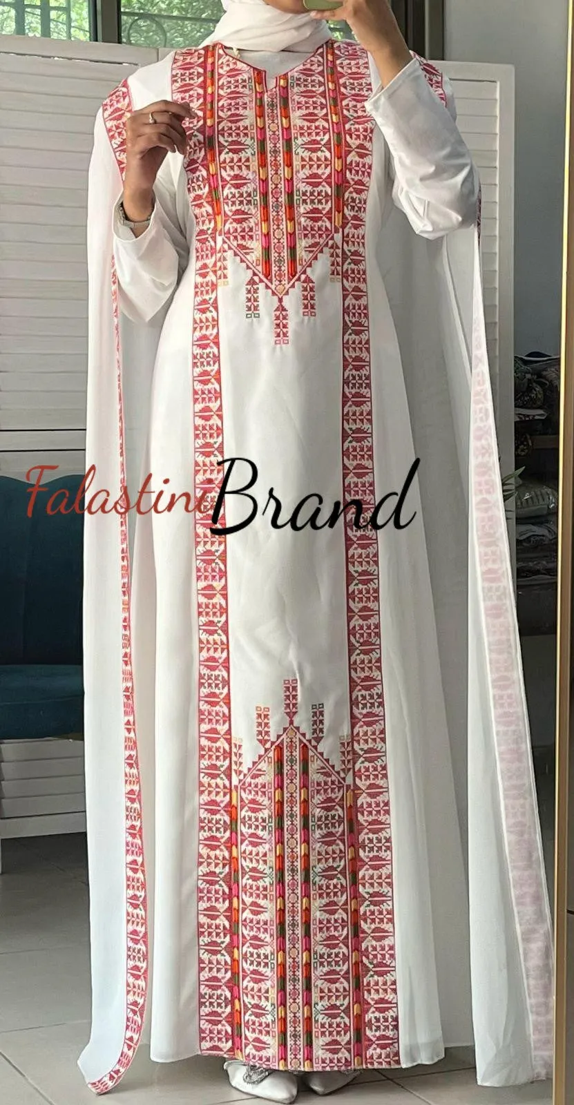 Stylish White and Red Palestinian Embroidered Abaya Chiffon Dress with Back Layer