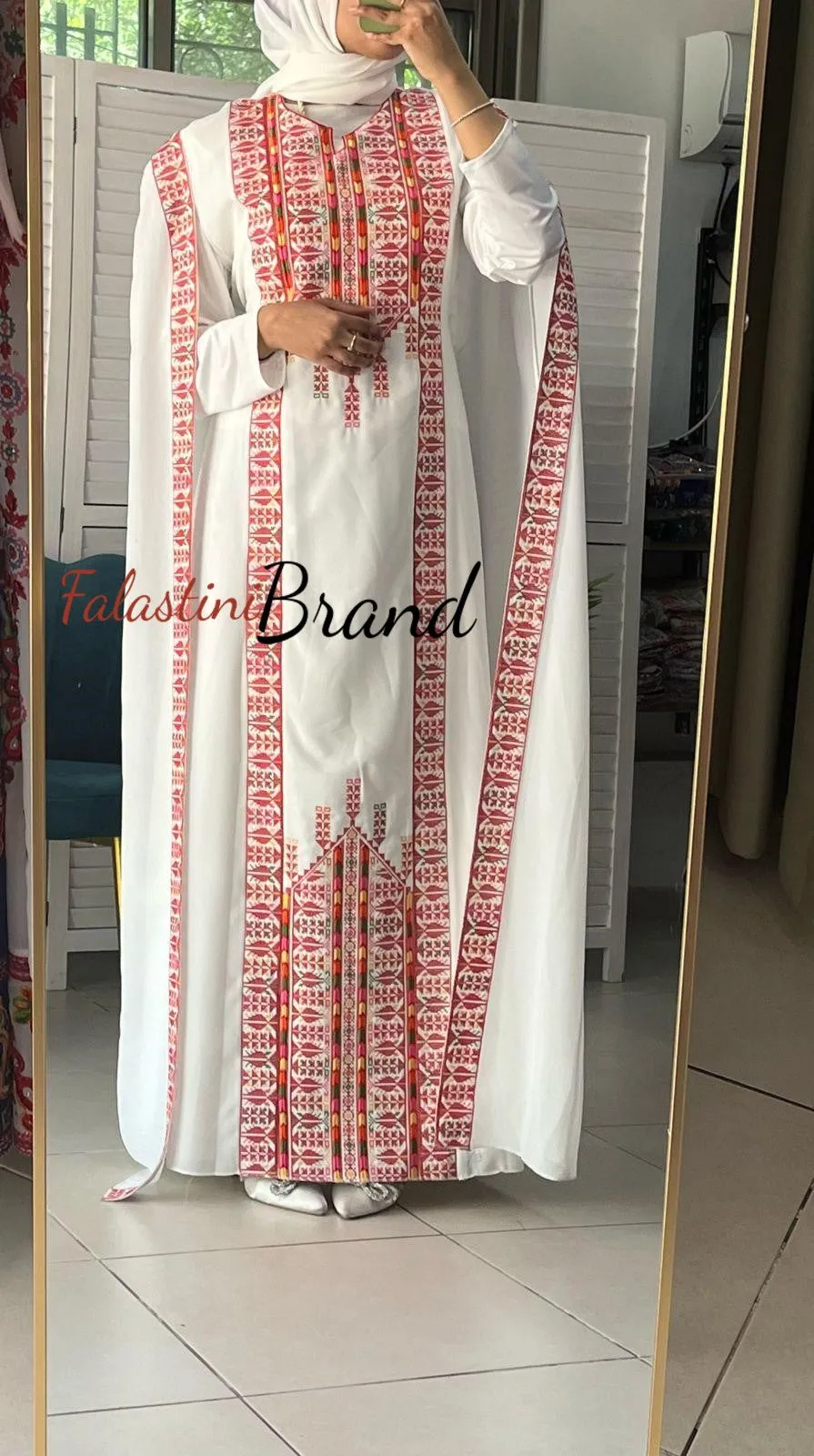 Stylish White and Red Palestinian Embroidered Abaya Chiffon Dress with Back Layer