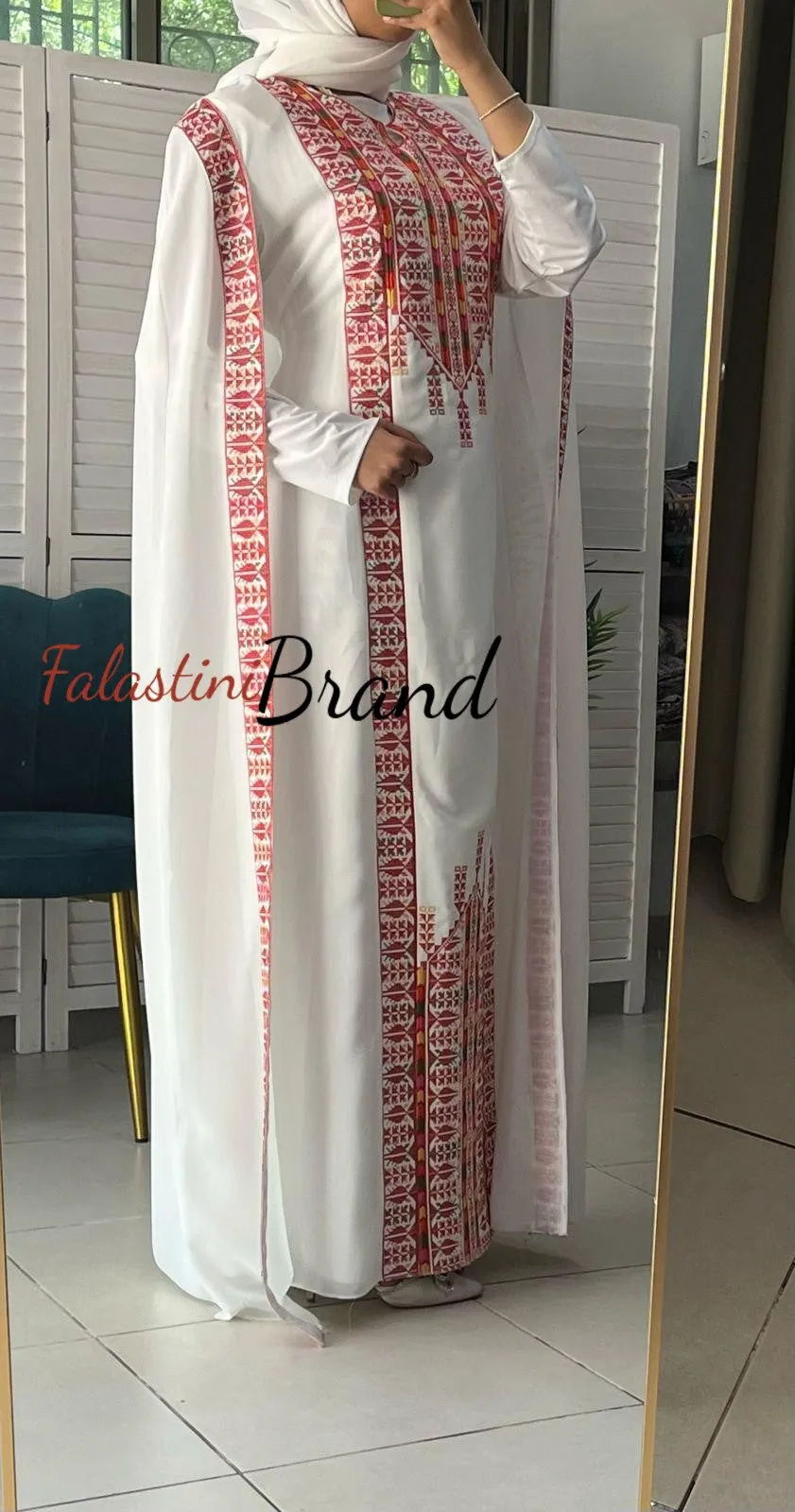 Stylish White and Red Palestinian Embroidered Abaya Chiffon Dress with Back Layer