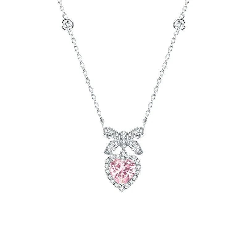 Sweet Charming Pink Crystal Bowknot Heart Necklace