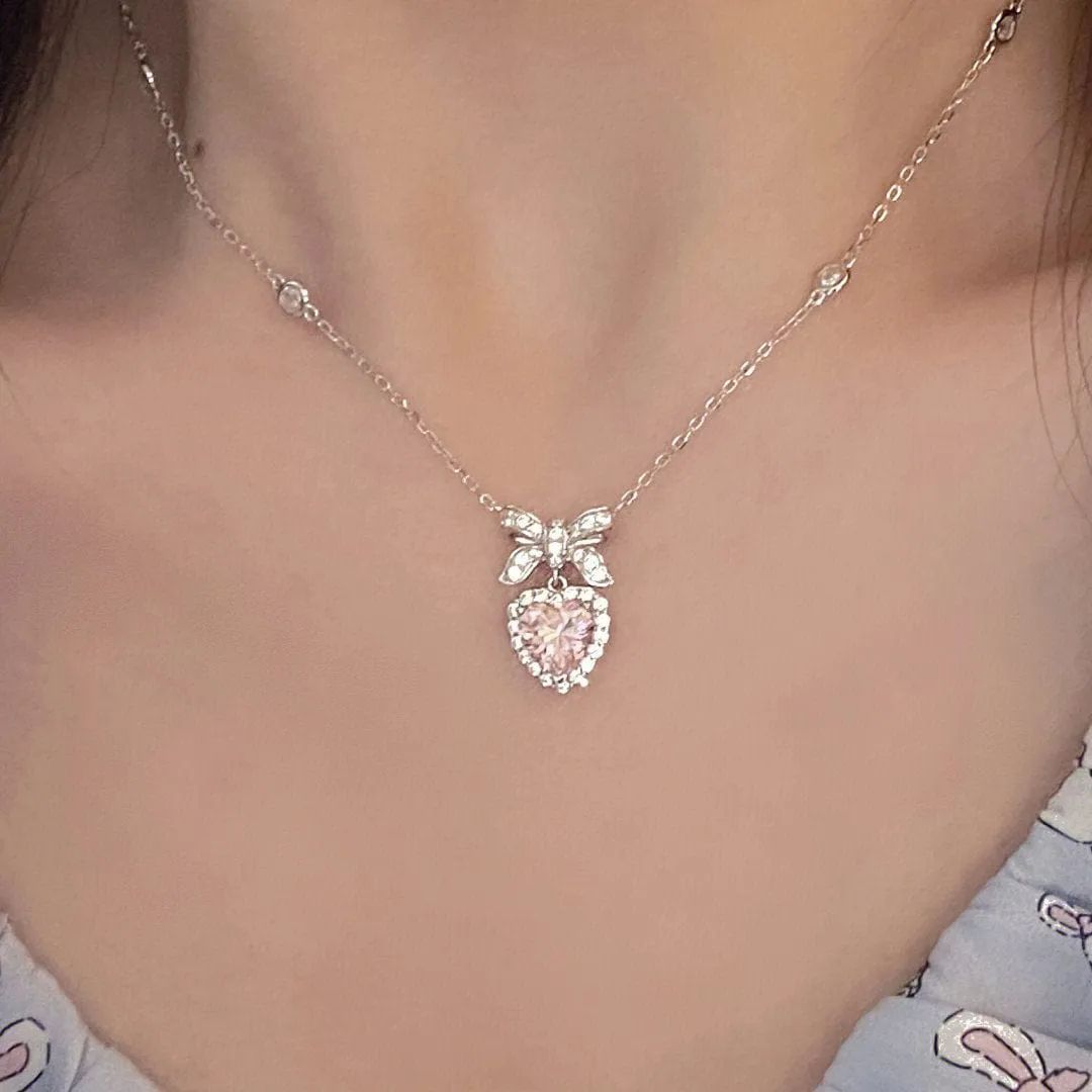 Sweet Charming Pink Crystal Bowknot Heart Necklace