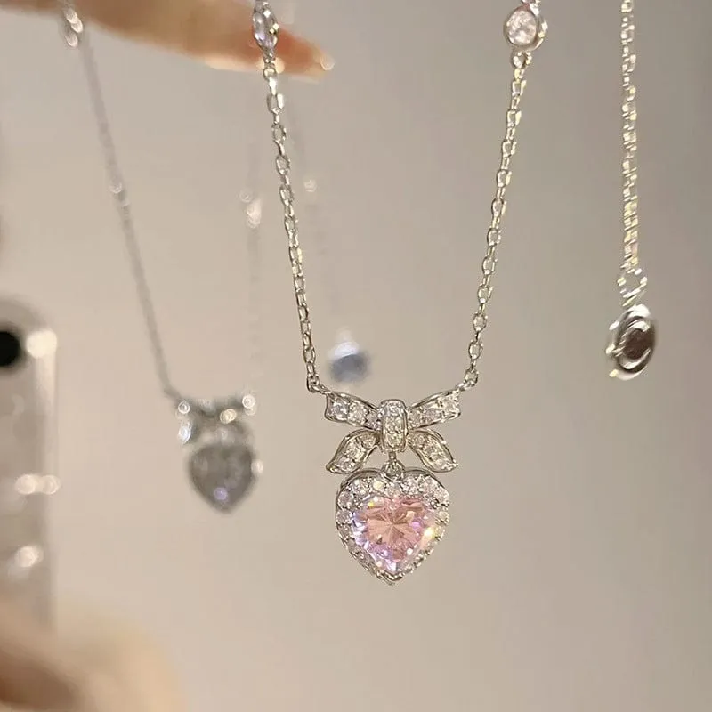 Sweet Charming Pink Crystal Bowknot Heart Necklace