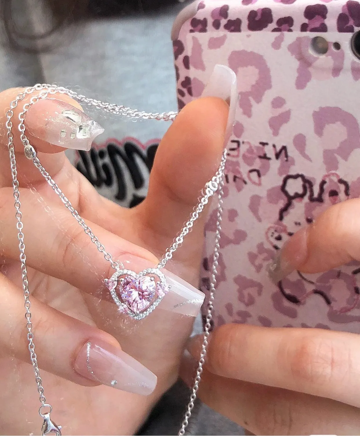 Sweet Pink Crystal Heart Necklace