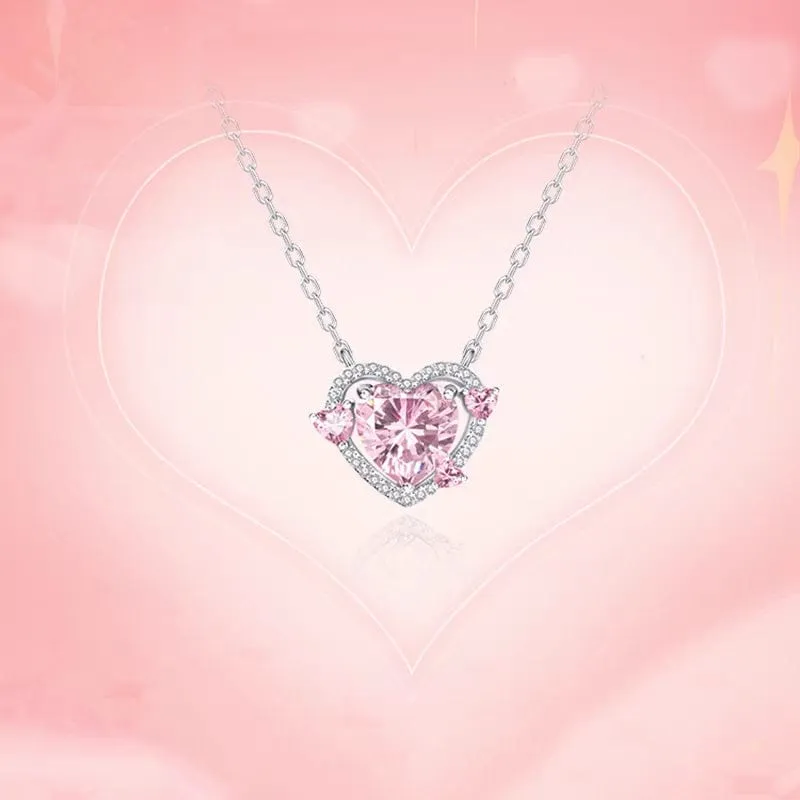 Sweet Pink Crystal Heart Necklace