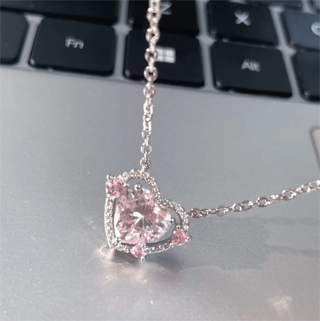 Sweet Pink Crystal Heart Necklace