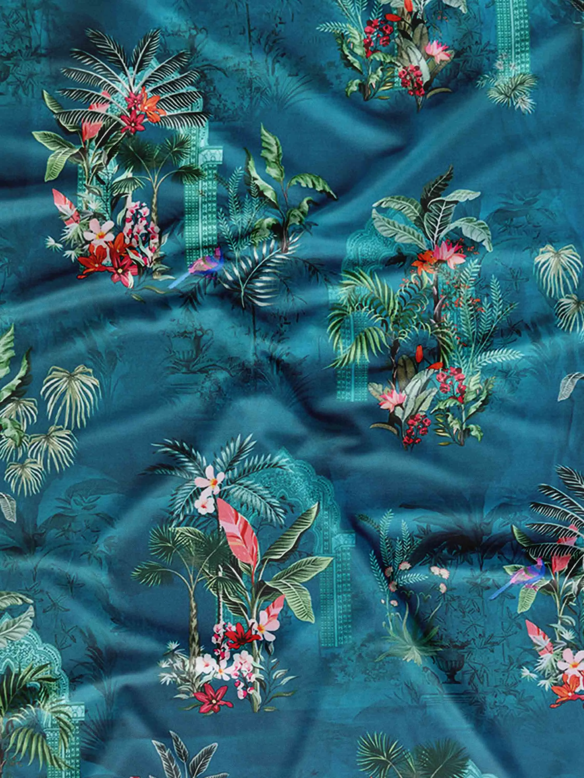 Teal Blue Pichwai Printed Modal Satin Fabric