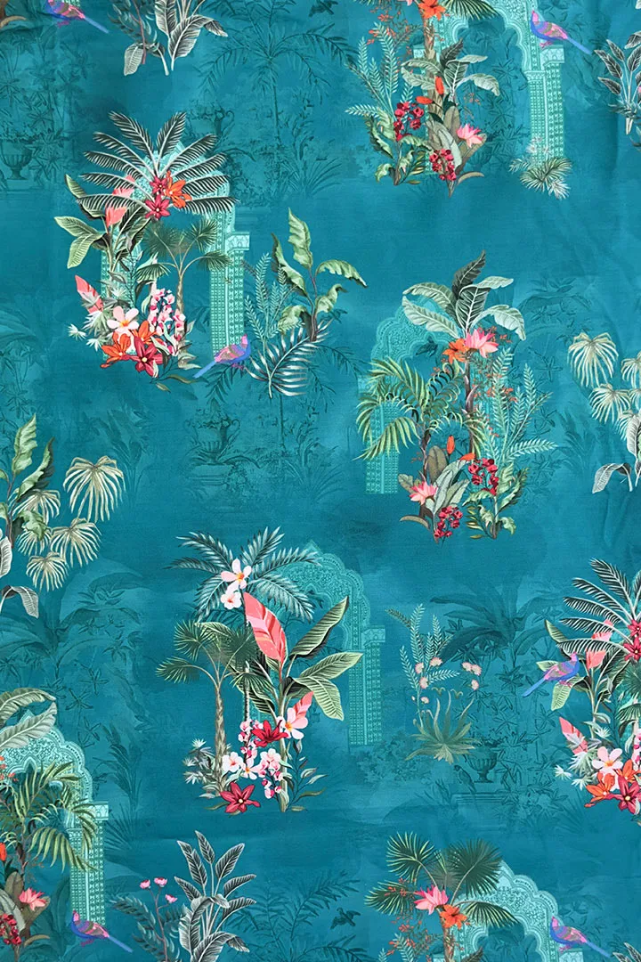 Teal Blue Pichwai Printed Modal Satin Fabric