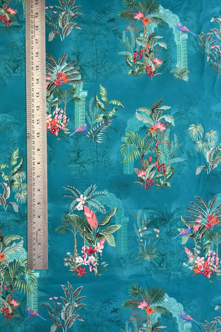 Teal Blue Pichwai Printed Modal Satin Fabric