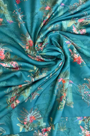 Teal Blue Pichwai Printed Modal Satin Fabric