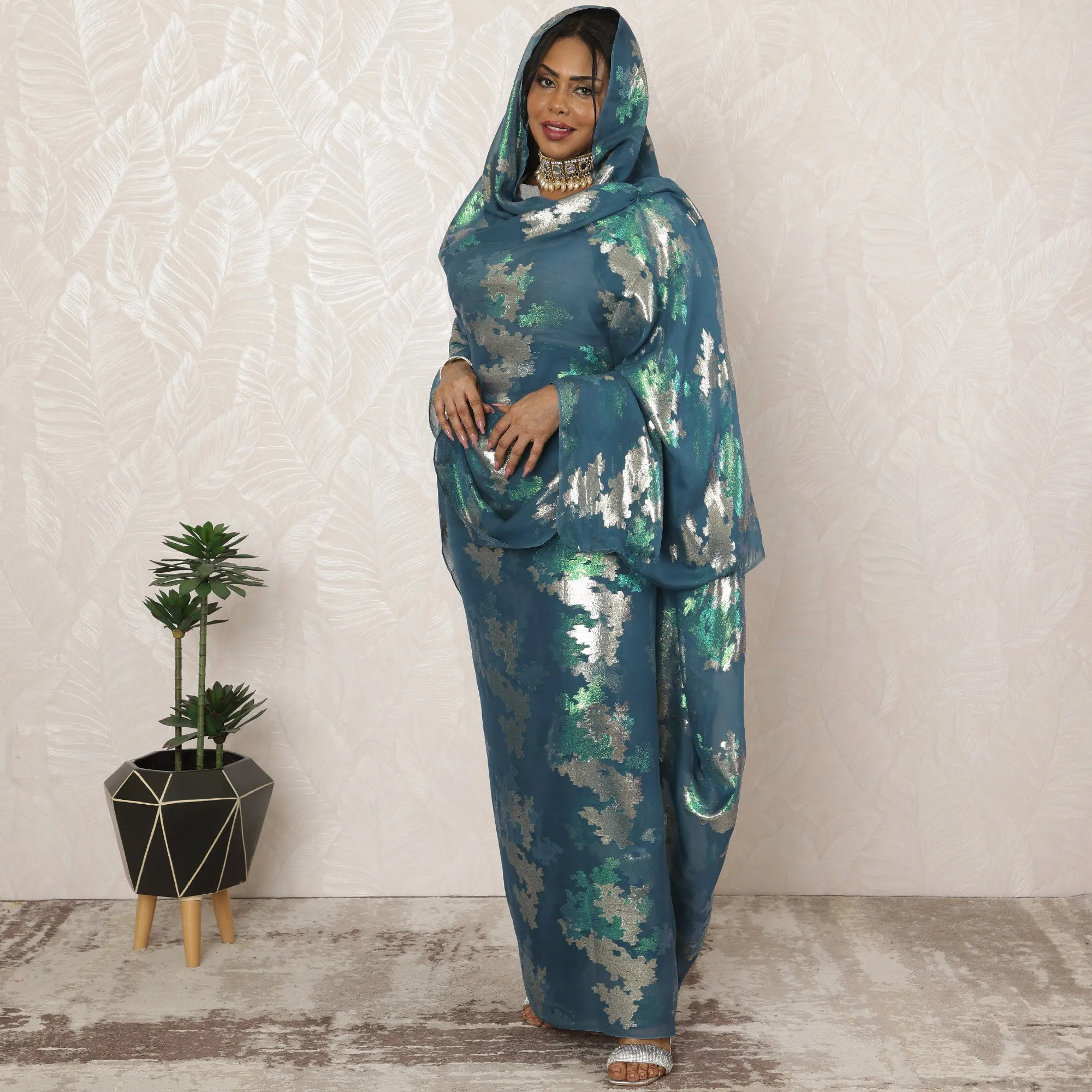 Teal Blue Sudanese Thobe Fabric in Pure Silk Chiffon with Metallic Lurex, 4.5 Meters, 110 cm Width-D20405