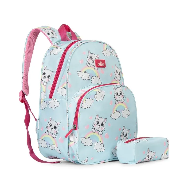 THE CLOWNFISH Cosmic Critters Series Printed Polyester 15 Litres Kids Backpack School Bag with Free Pencil Staionery Pouch Daypack Picnic Bag for Tiny Tots Of Age 5-7 Years (Blue - Kitty)