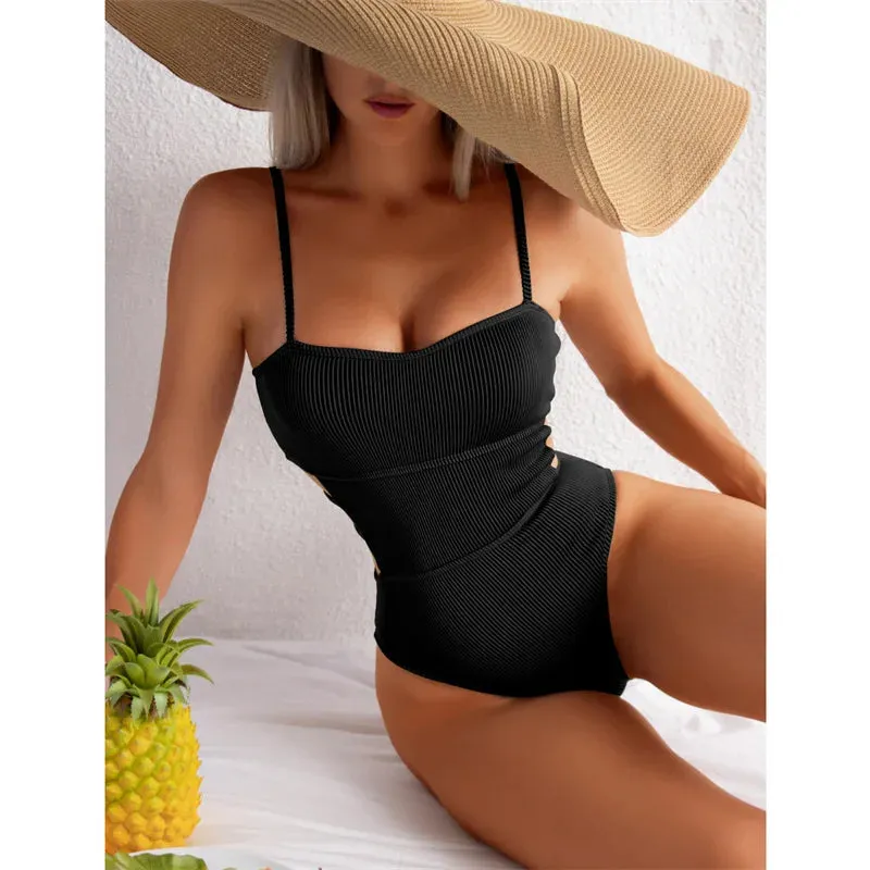 Trendy Ribbed Cut-Out Monokini for Beach & Pool