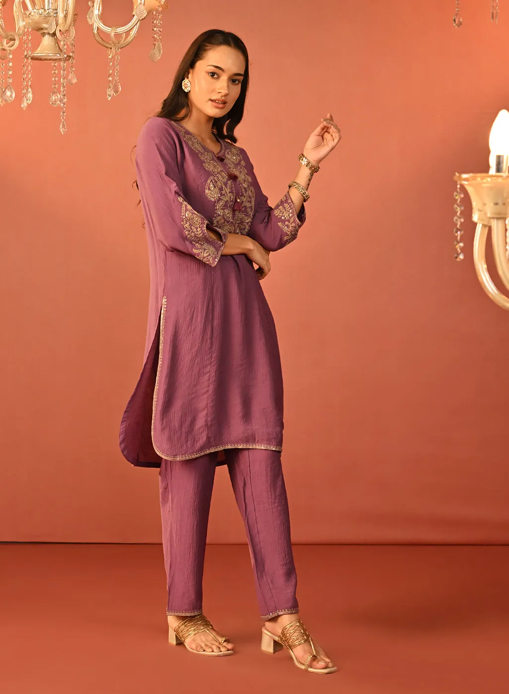 Uroosa Chrome Dull Purple Embroidered Cotton Kurta Set for Women