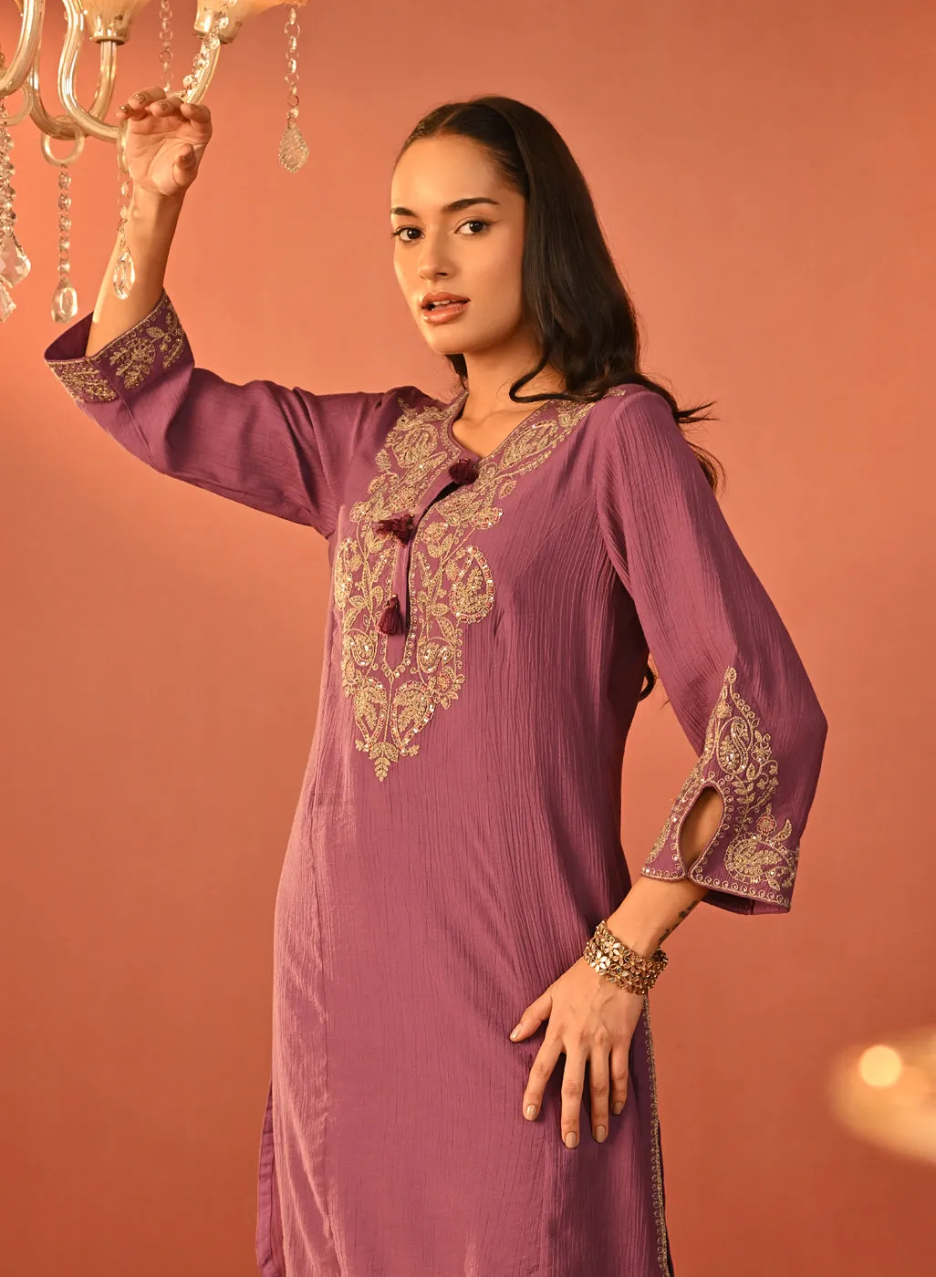 Uroosa Chrome Dull Purple Embroidered Cotton Kurta Set for Women