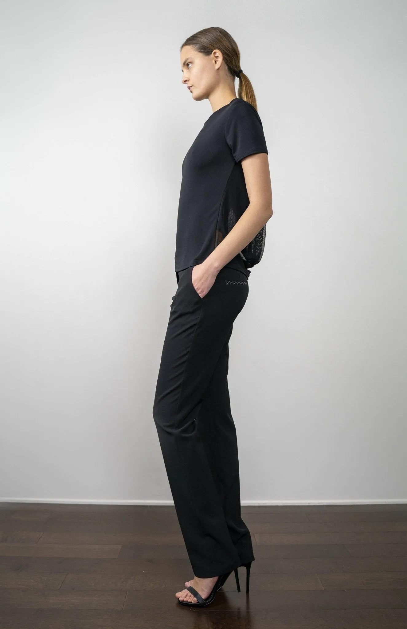 Veeta | Sleek Style: Draped Sheer Back Tee