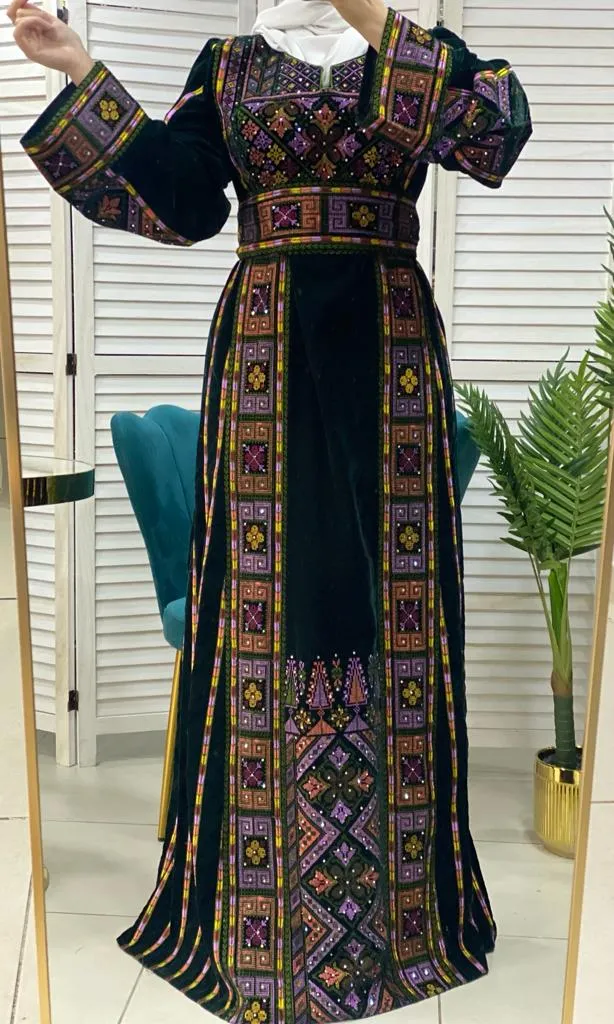 Velvet Dark Green Palestinian Thobe Dress with Rhinestones