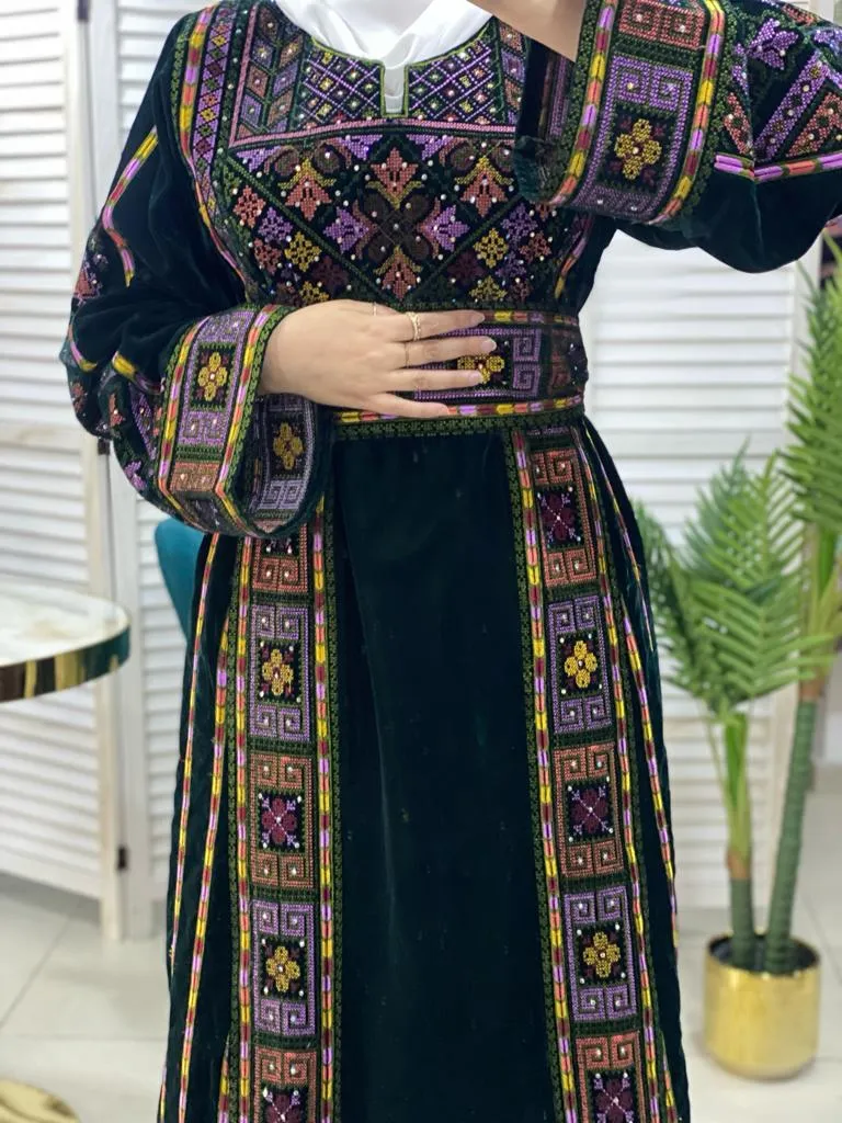 Velvet Dark Green Palestinian Thobe Dress with Rhinestones