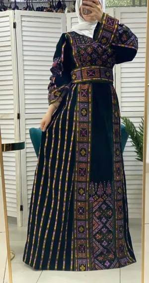 Velvet Dark Green Palestinian Thobe Dress with Rhinestones