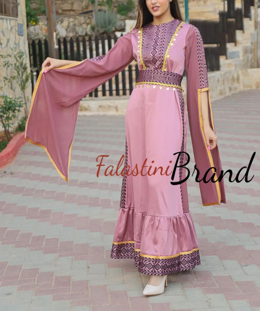 Very Elegant New Design Pink and Black Embroidered Dress with Golden Sleeve Details