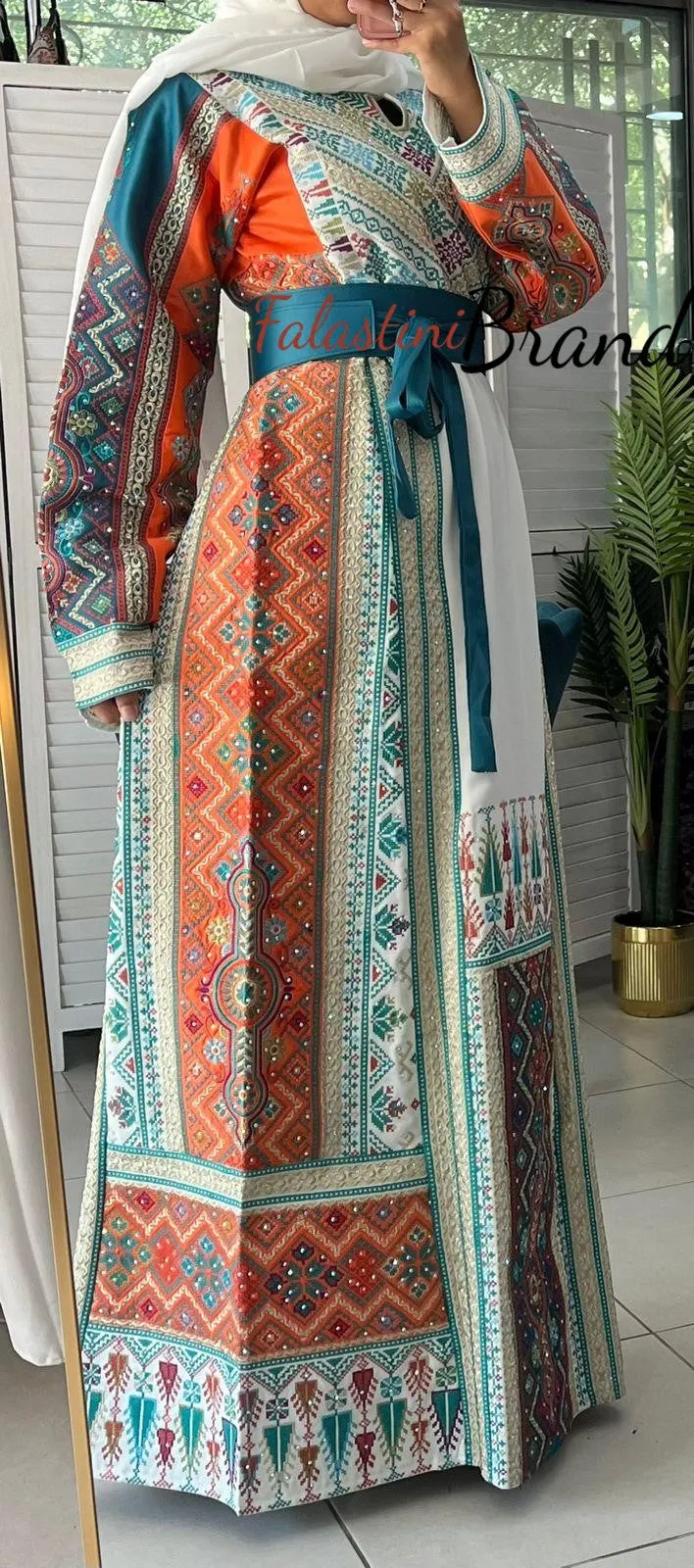 Very Luxurious White and Orange and Turquoise Thobe with Qasab and Satin Details