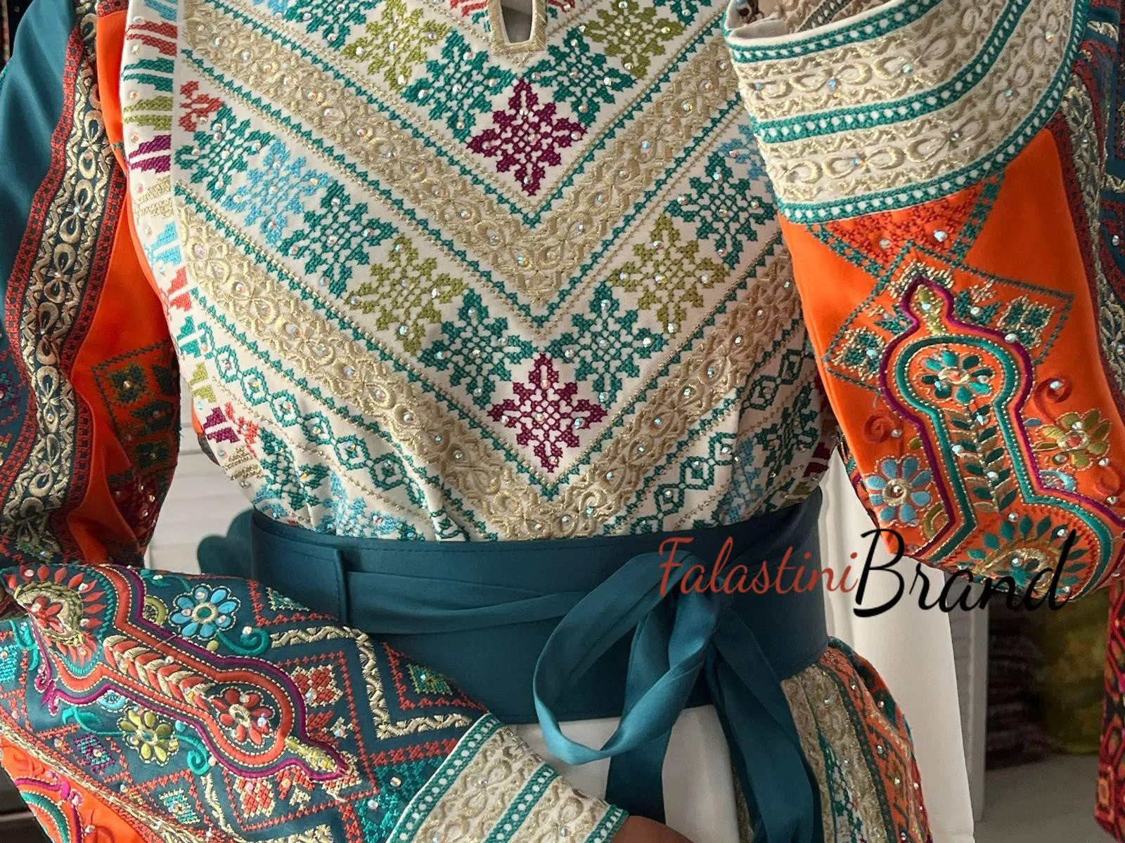 Very Luxurious White and Orange and Turquoise Thobe with Qasab and Satin Details