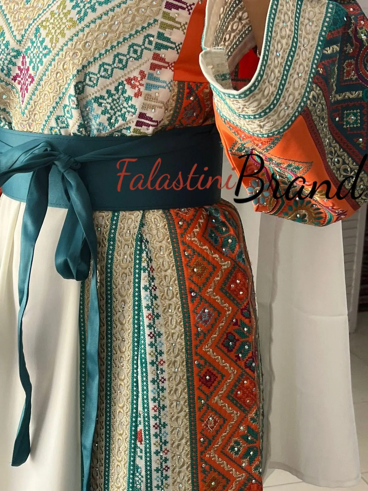 Very Luxurious White and Orange and Turquoise Thobe with Qasab and Satin Details