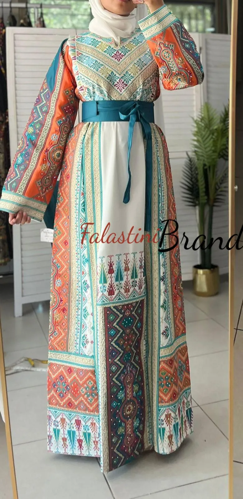 Very Luxurious White and Orange and Turquoise Thobe with Qasab and Satin Details