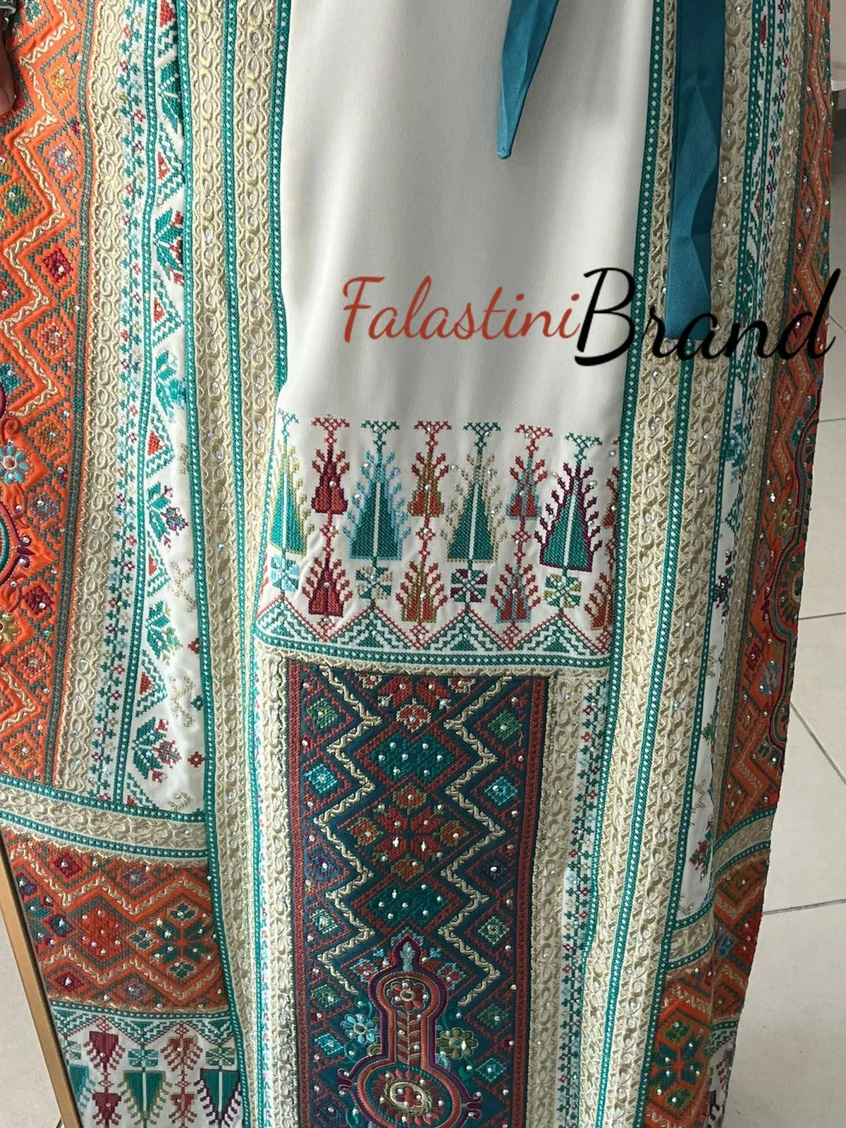 Very Luxurious White and Orange and Turquoise Thobe with Qasab and Satin Details